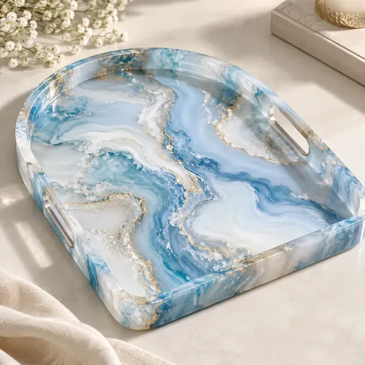 صينية ريزن ماربل أزرق بلمسات ذهبية – Blue Ocean Resin Tray.
